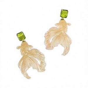 Green Rhinestone Gold Koi Fish Statement Dangle Earrings